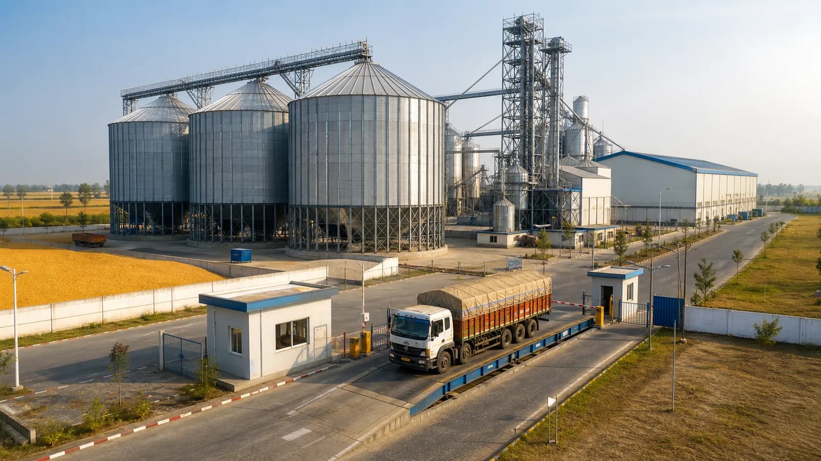 Aerial view of an industrial grain storage and processing facility