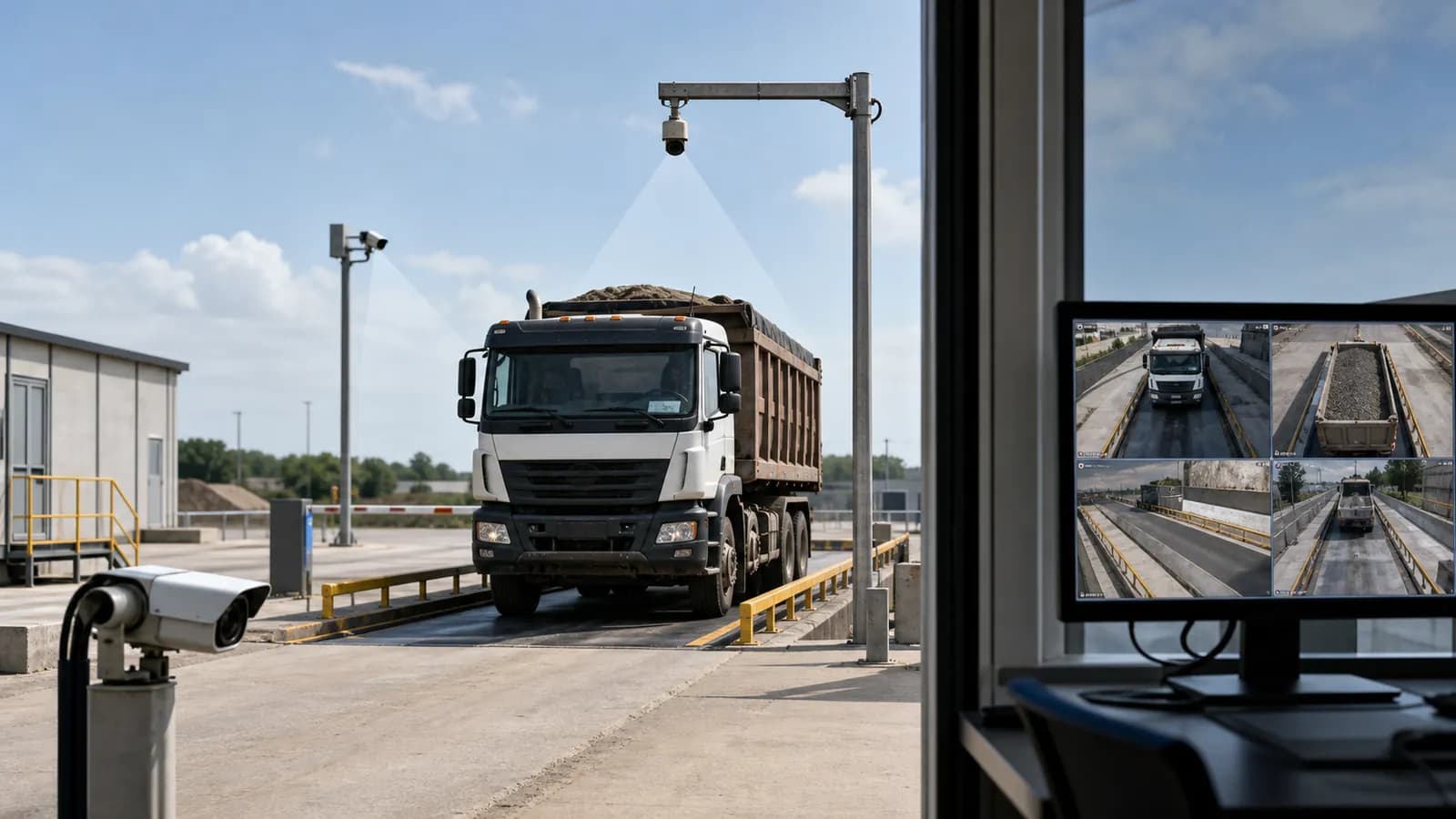 CCTV cameras monitoring a truck on an industrial weighbridge