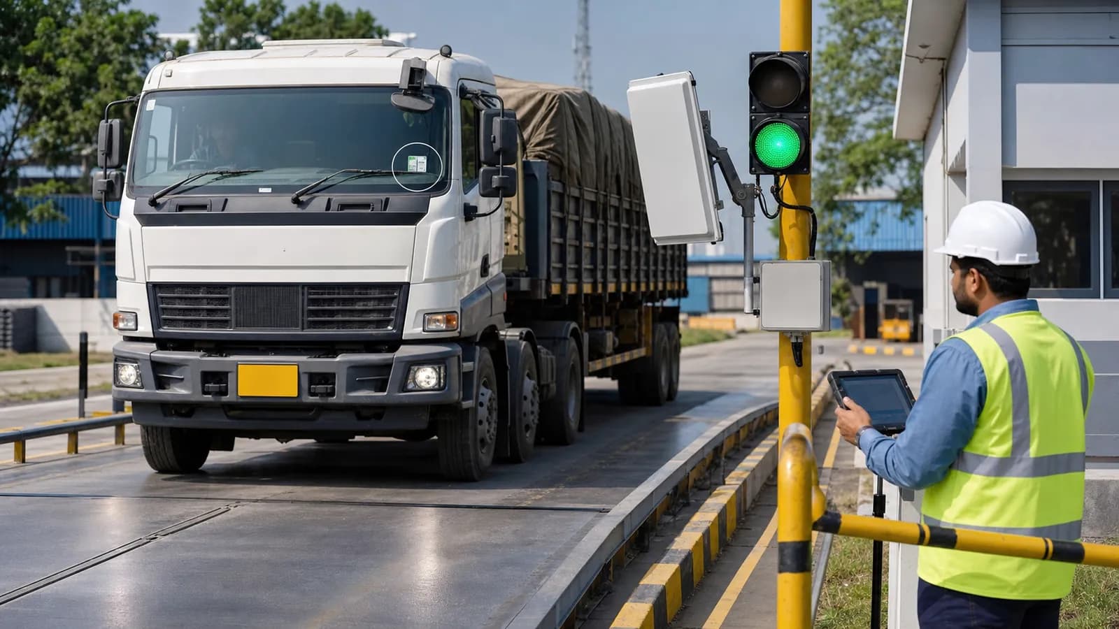 Long-range RFID reader identifying a truck at a weighbridge