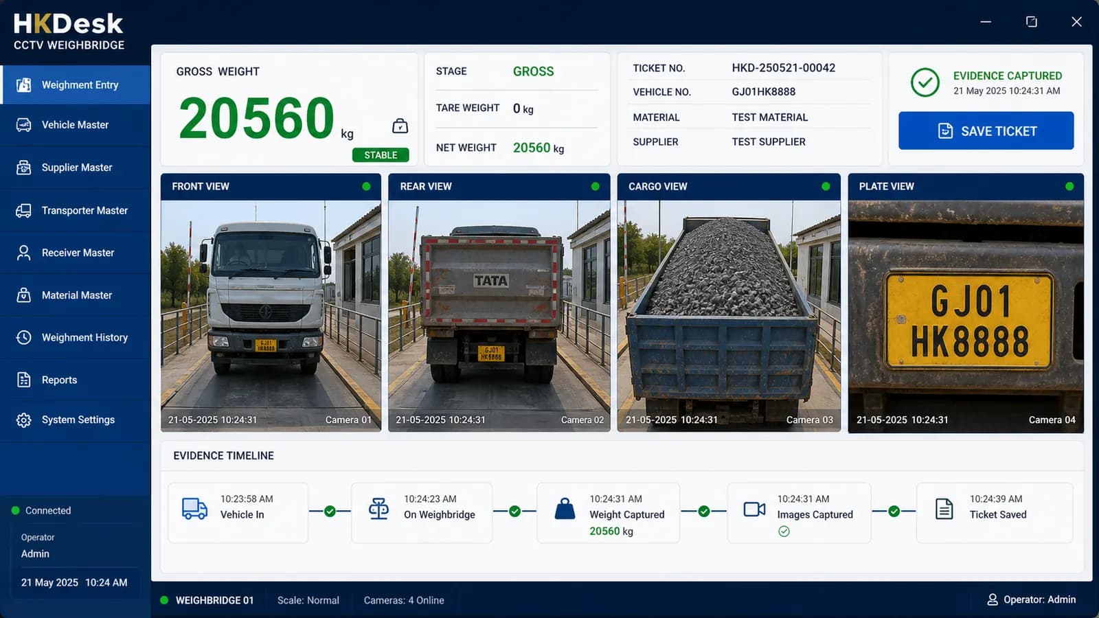 HKDesk CCTV weighbridge console showing front, rear, cargo, and plate evidence