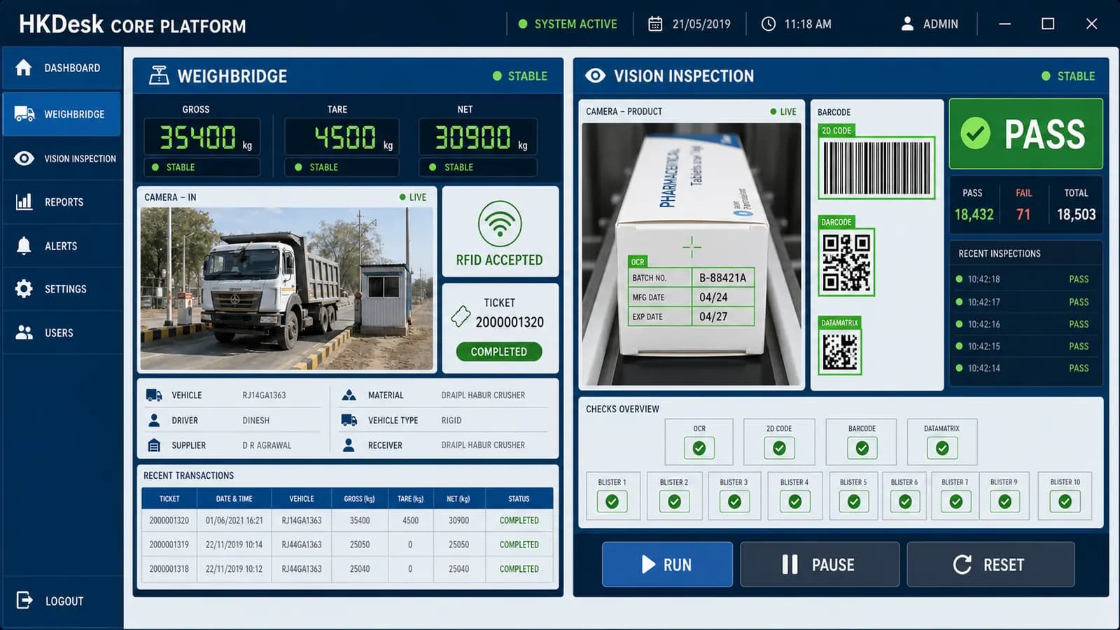 HKDesk Core Platform combining weighbridge automation and vision inspection