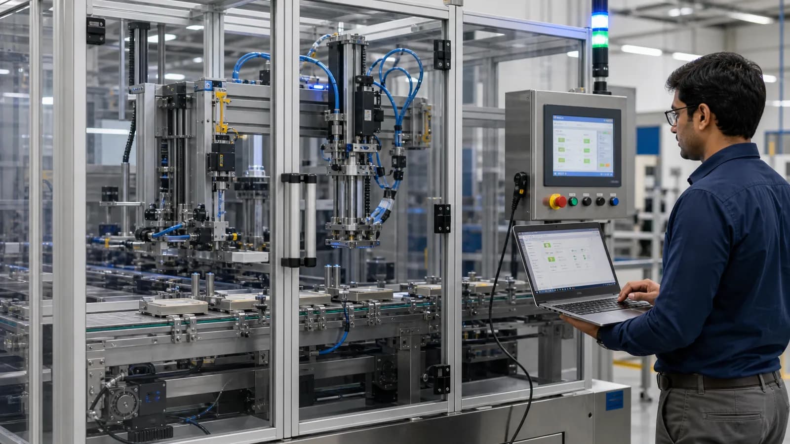 Automation engineer commissioning a guarded custom production machine