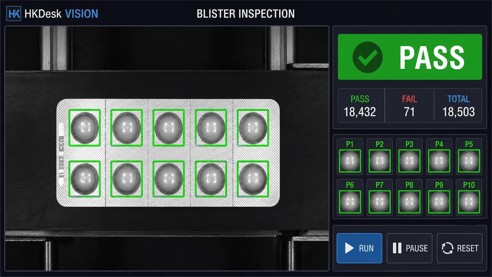 HKDesk Vision console checking ten blister pockets for product presence