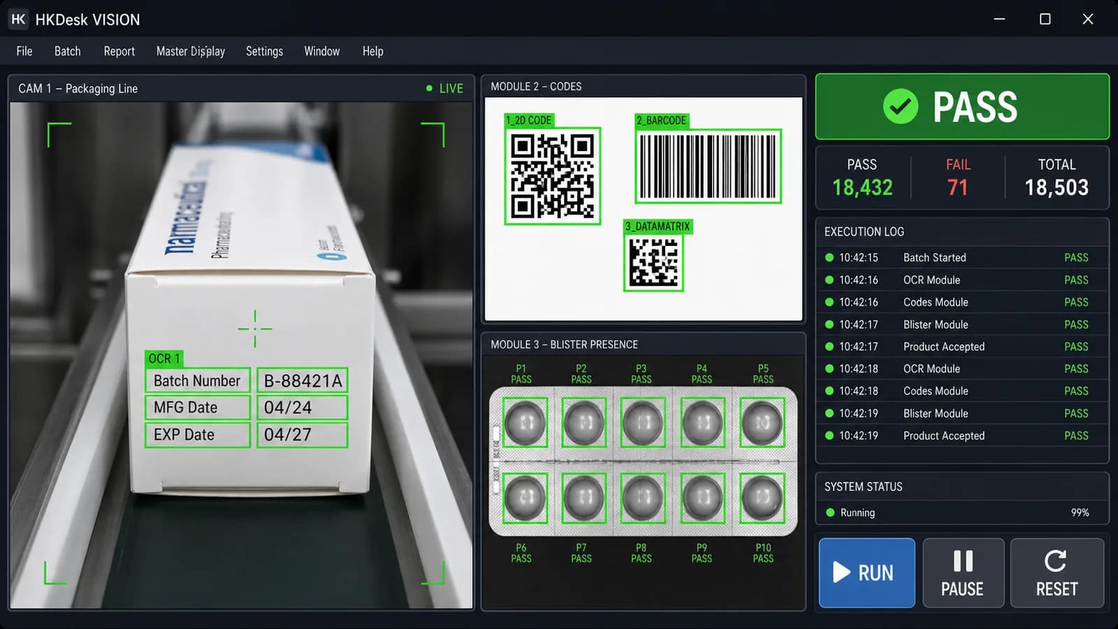 HKDesk Vision console combining OCR, barcode, and blister inspection modules