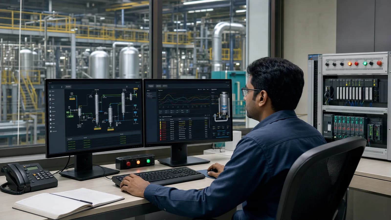 Engineer monitoring a process plant with a custom .NET SCADA workstation