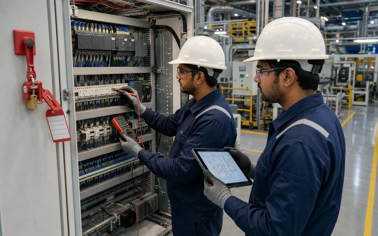 Automation technicians safely diagnosing and upgrading a PLC control panel