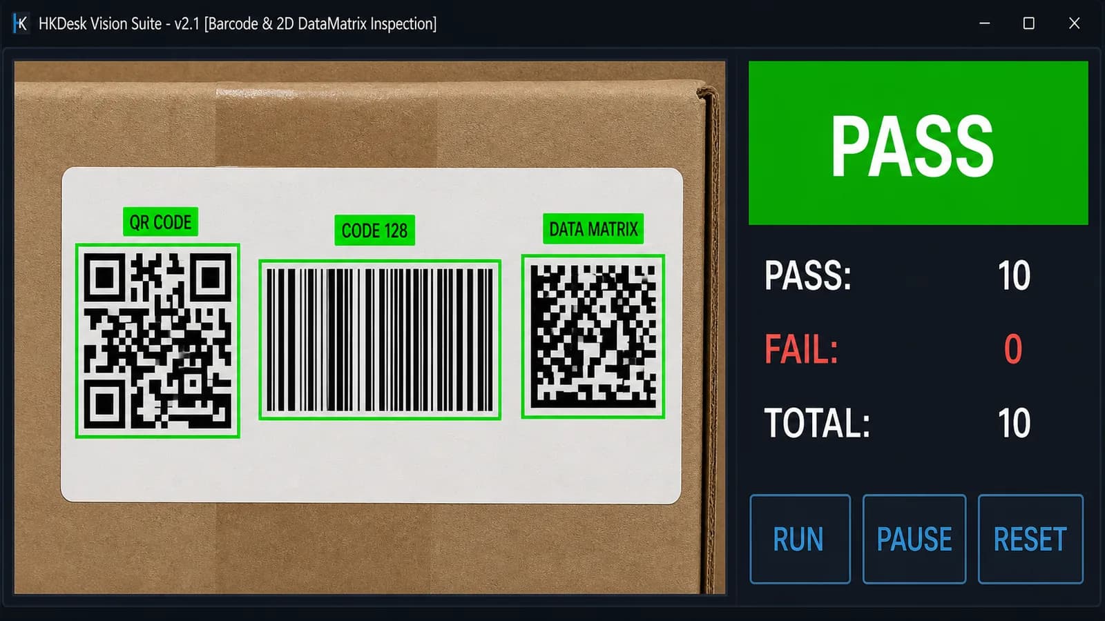 HKDesk Vision console verifying QR, Code 128, and DataMatrix symbols