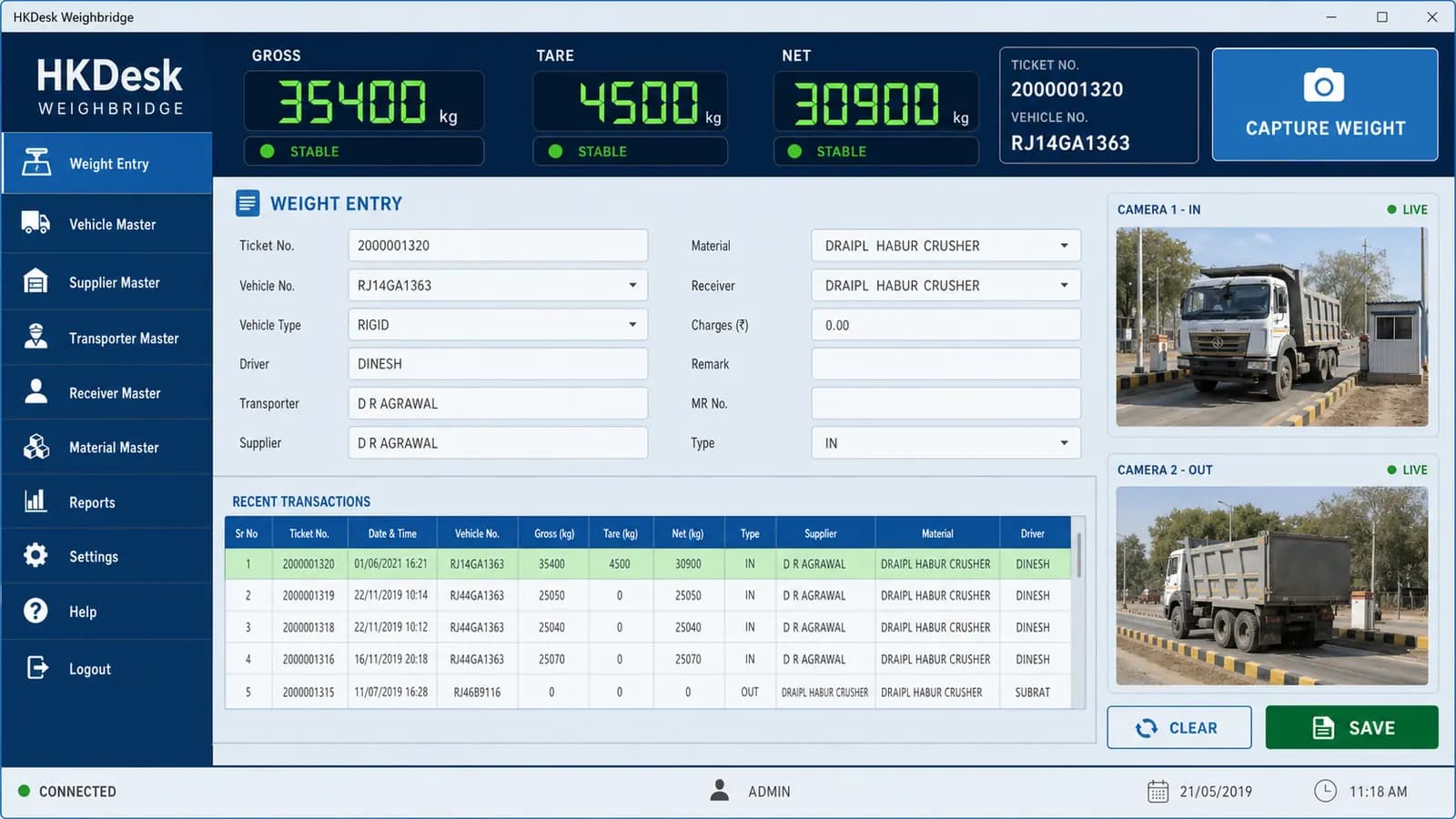 HKDesk weighbridge software showing stable gross, tare, net weight and camera evidence