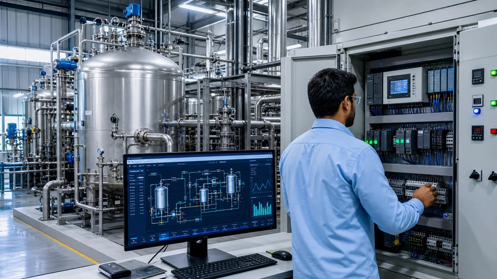Process plant automation with PLC control cabinet and SCADA monitoring